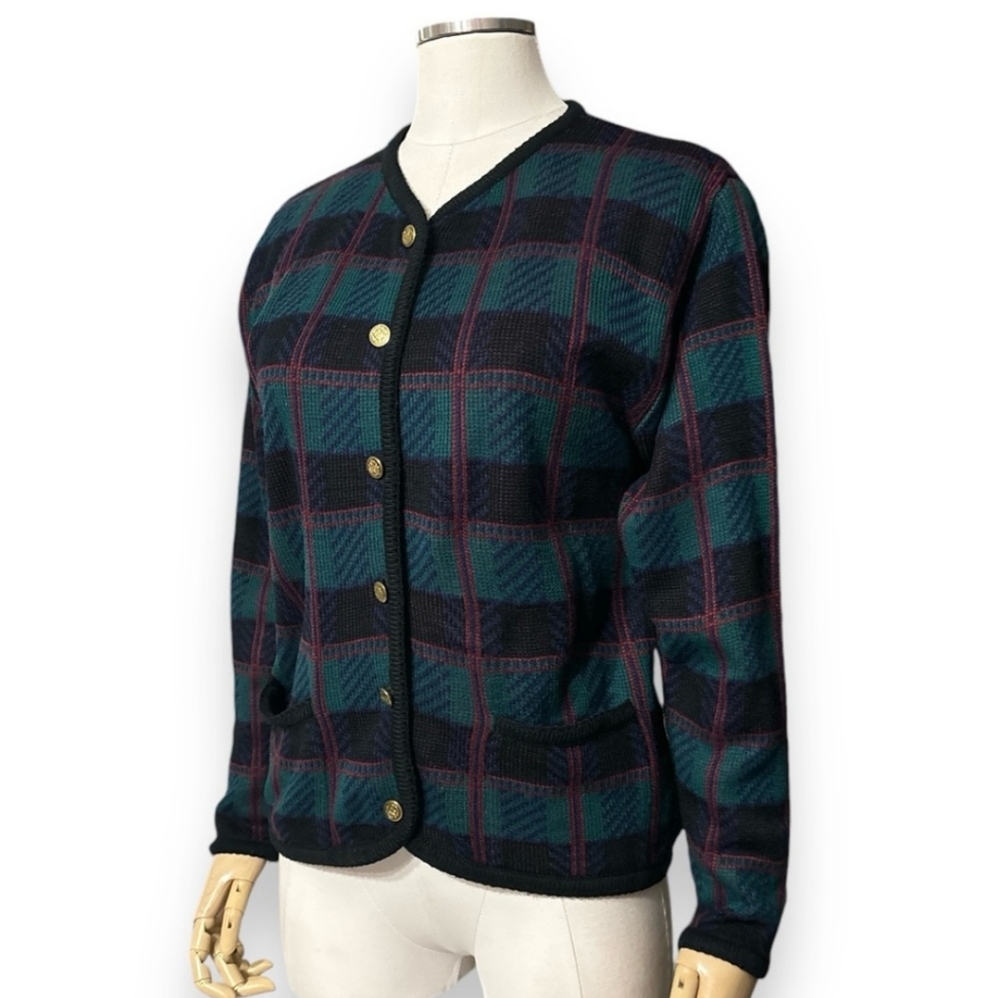 TALLY HO Contrast Trim Plaid Knit Cardigan Jacket
